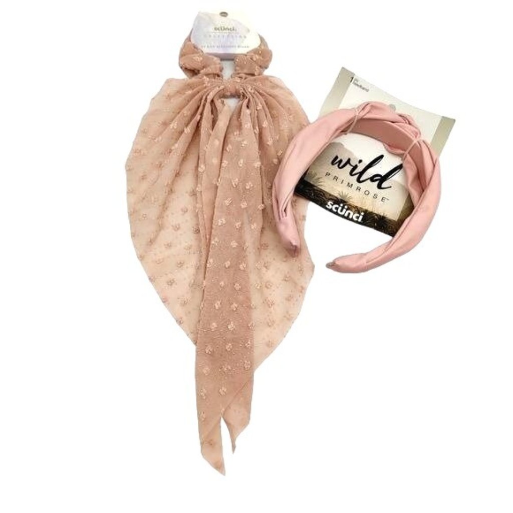 Scunci Dusty Rose Pink Primrose Headband And Hair Tie Accessory Scarf Bow Set 2
